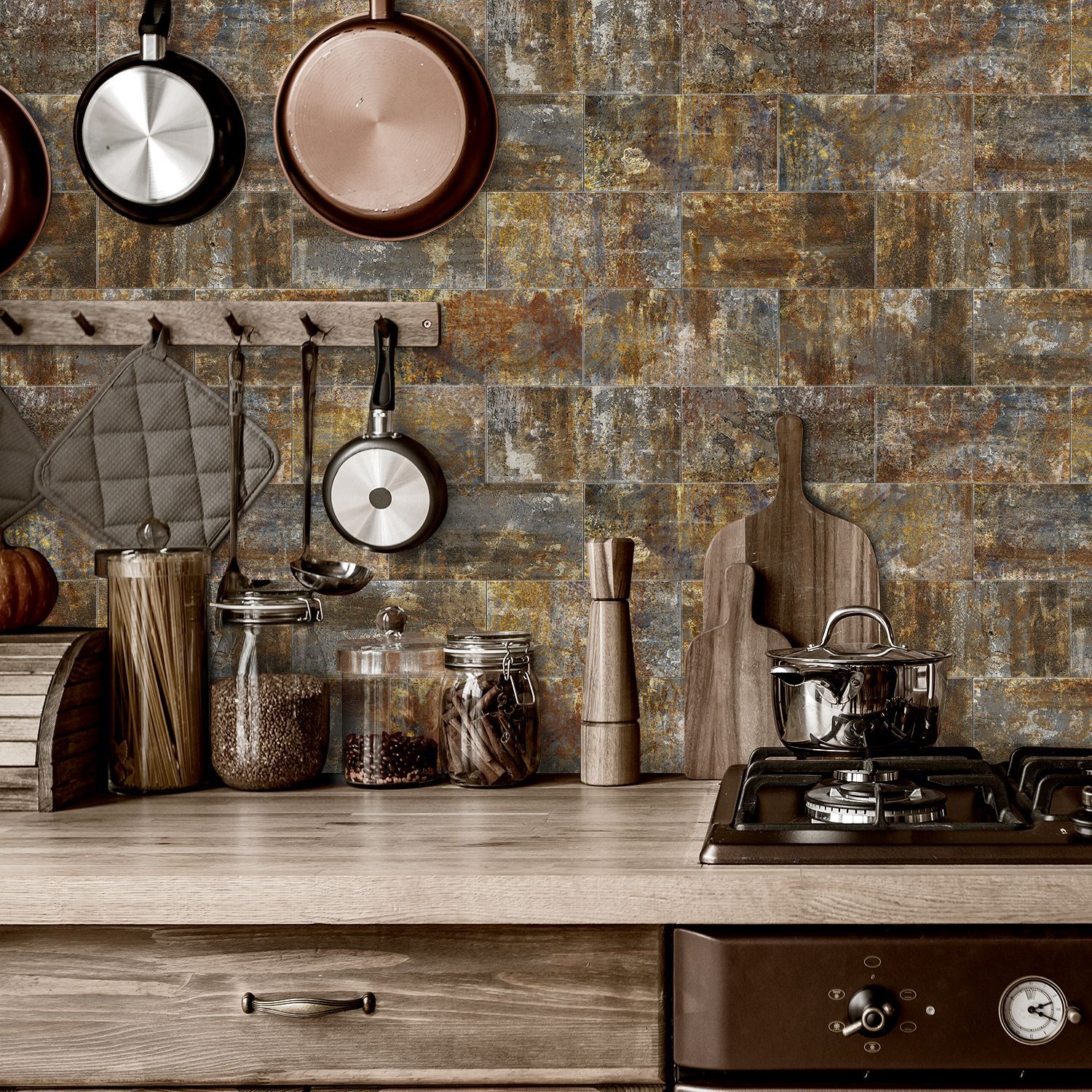 16-piece estilo industrial esmerilado espuma PE etiqueta de la pared autoadhesiva impermeable a prueba de humedad cocina baño extraíble decoración de la pared