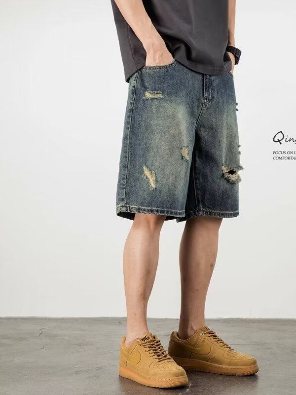 アメリカ破洞デニムショートパンツ男性2025夏の新型高街潮牌レトロゆるいカジュアルパンツ男性ファッション