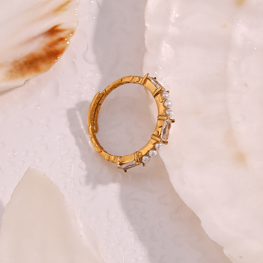 Fashion Geometric Stainless Steel Inlay Artificial Pearls Zircon Open Ring 1 Piece