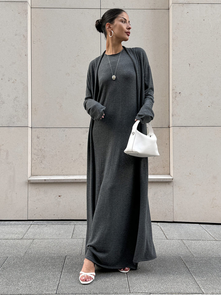 Bộ đầm dài kèm áo cardigan dệt kim dài tay nữ — Màu cà phê đậm, Màu hồng, Màu trắng, Màu xám