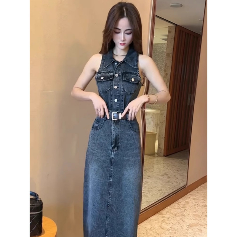 Yujie Light Mature Style Lapel Single-breasted Sleeveless dress 2024 Summer New Back Split Waist Denim Dress
