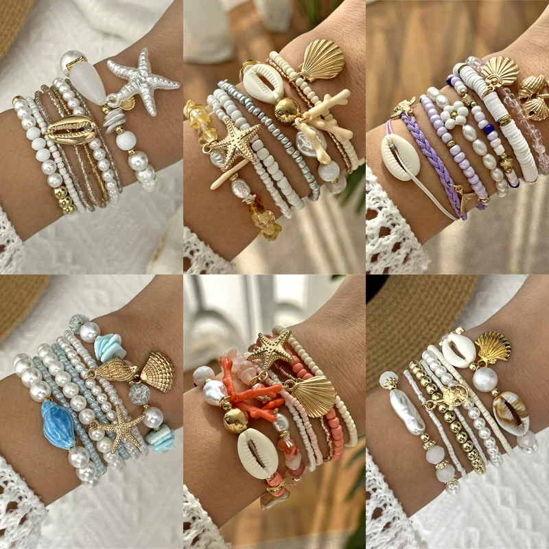 Bracelet set, marine woven ceramic design, multi-layer shell & bead stack (seasonal trend)