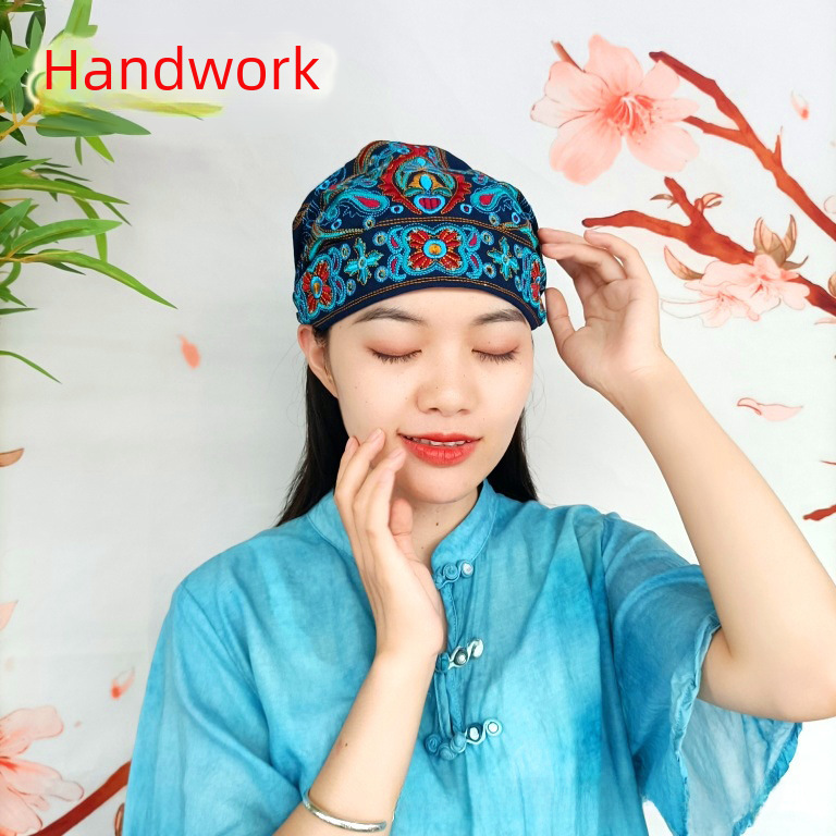 Etniskā stila Four Seasons jauna audekla izšuvuma tukša cilindriska cepure ceļojumu foto elastīga regulējama galvassega dāmu cepure_voghion.com