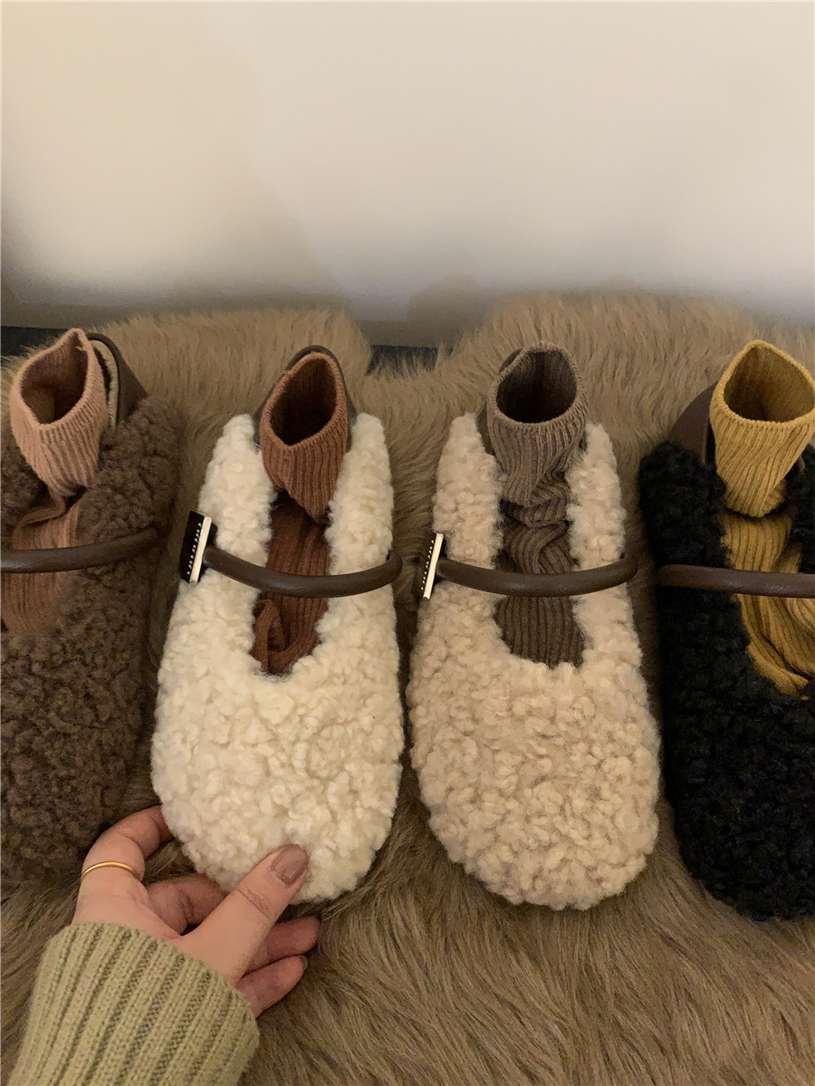 2024 neue Herbst- und Winterschuhe aus Samt mit runder Spitze, flachem Mund, Temperament mit flachem Boden, warme Bohnen, französische haarige Schuhe für_voghion.com