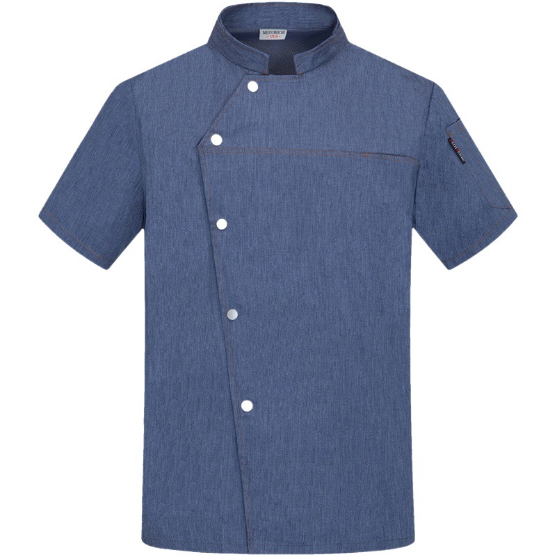 Ropa de trabajo de chef de mezclilla de alta gama ropa de chef de hotel de verano de manga corta para hombres ropa de cocina de comedor de malla transpirable de mujer de manga larga