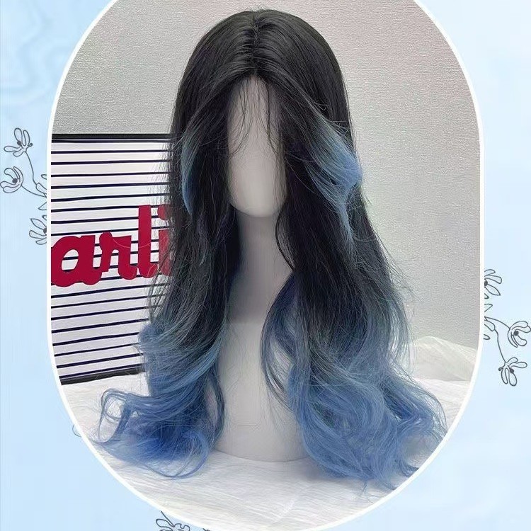 Azul y negro gradiente largo rizado peluca picante teñido simulación de alta temperatura seda pintada teñida atmósfera princesa peluca B03