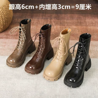 二层牛皮厚底内增高短靴复古显瘦英伦风超火高跟9cm马丁中筒靴女