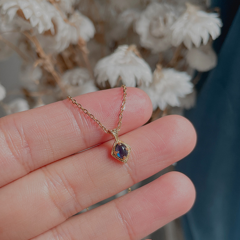 Cross-border exclusive for Japanese luxury diamond sapphire antique picture frame carved s925 silver necklace clavicle chain