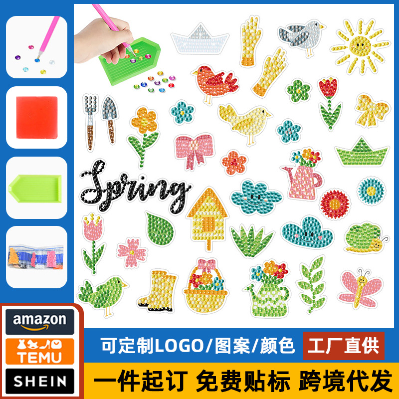 Venta caliente de dibujos animados flores pájaro diamante pintura libre pegatinas DIY pegatinas de pared niños hechos a mano pegatinas redondo diamante