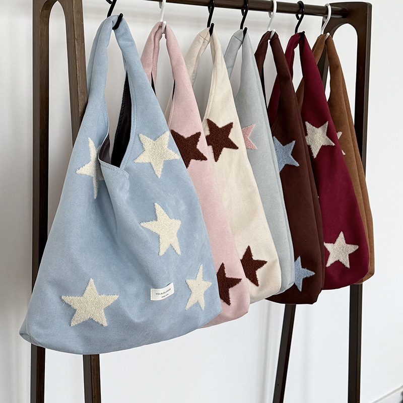 Korean Style Star Embroidered Shoulder Bag, Large Capacity Plush Tote Bag, Versatile Suede Commuting Bag, High-End Feel for Women