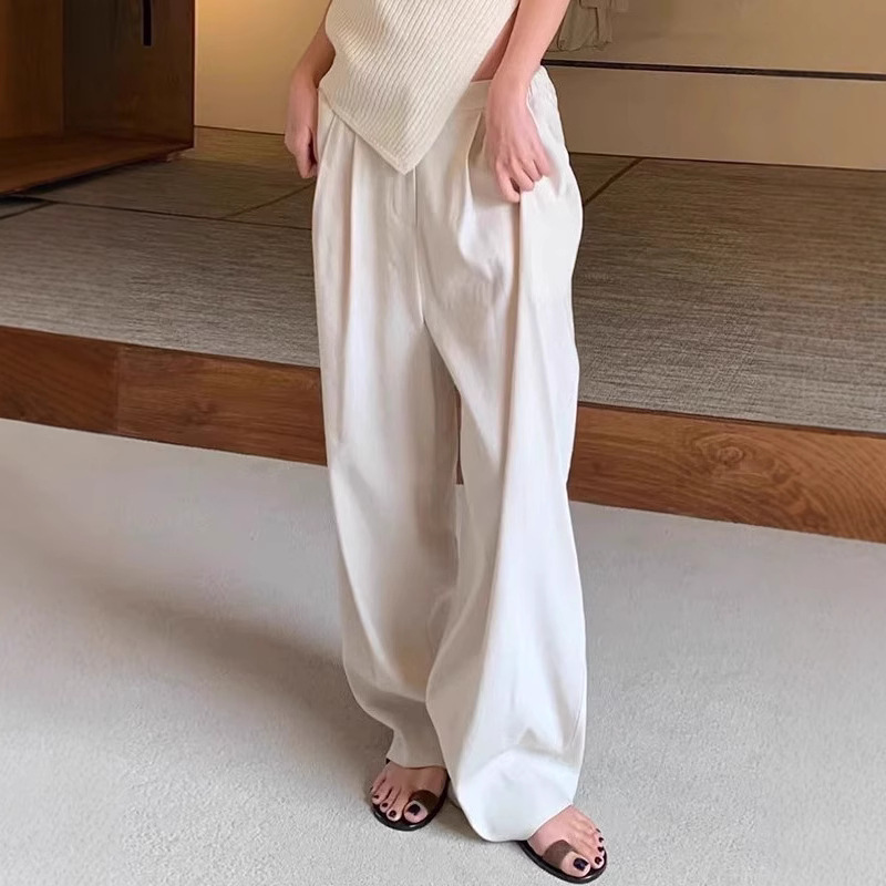 In-Stock Moia Casual Wide-Leg Pants for Women, Early Spring Loose Fit, Slimming, Elastic High-Waist, Cotton-Linen Floor-Length Straight Pants