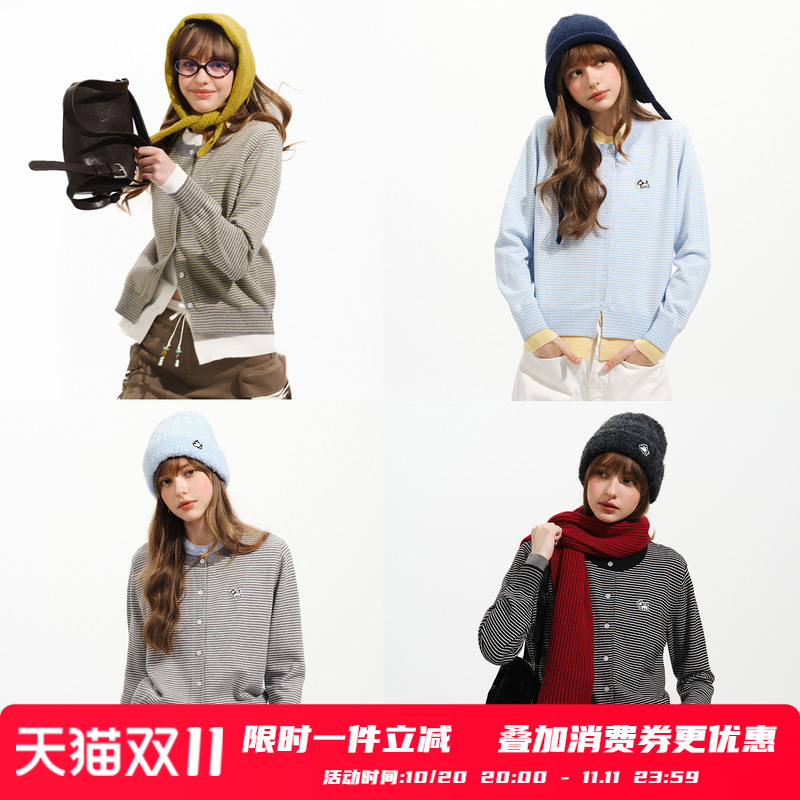 Women's Clothing [Fake Two Pieces] Autumn Contrast Color Striped Cardigan Knitted Korean Long Sleeve Sweater Jacket