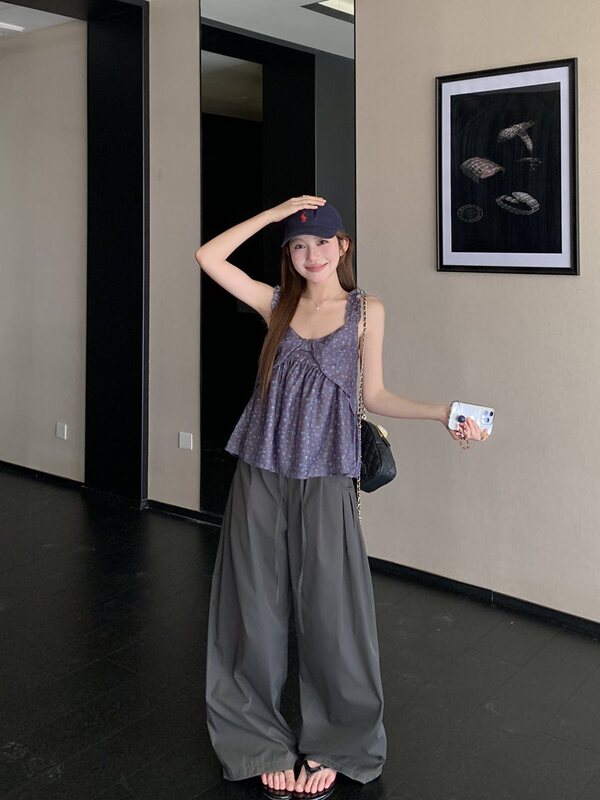 甜美减龄蝴蝶结碎花娃娃衫吊带上衣女夏季高腰系带工装休闲裤套装|undefined