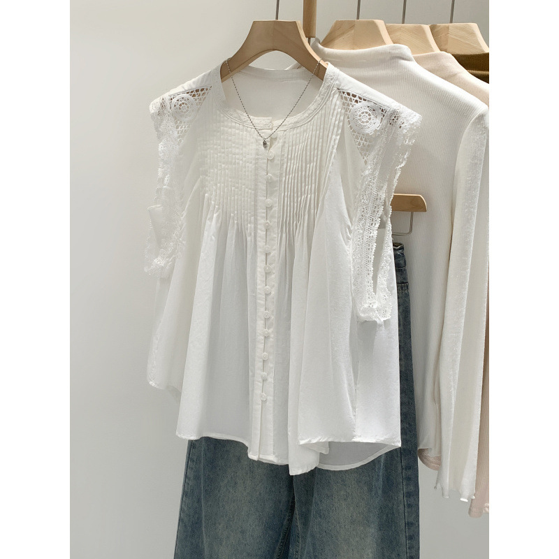 Unique and Beautiful Pleated Button Lace Round Neck Sleeveless Shirt for Women, 2026 New Style, High-Class Intellectual Chic Top