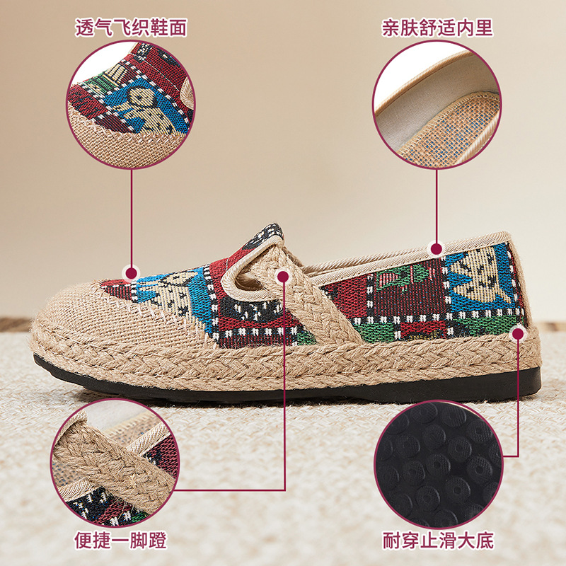 Zapatos mujer 2025 verano nuevo estilo casual semi-pantuflas venta al por mayor transfronteriza zapatos cómodos transpirables estilo étnico zapatos de mujer de paja