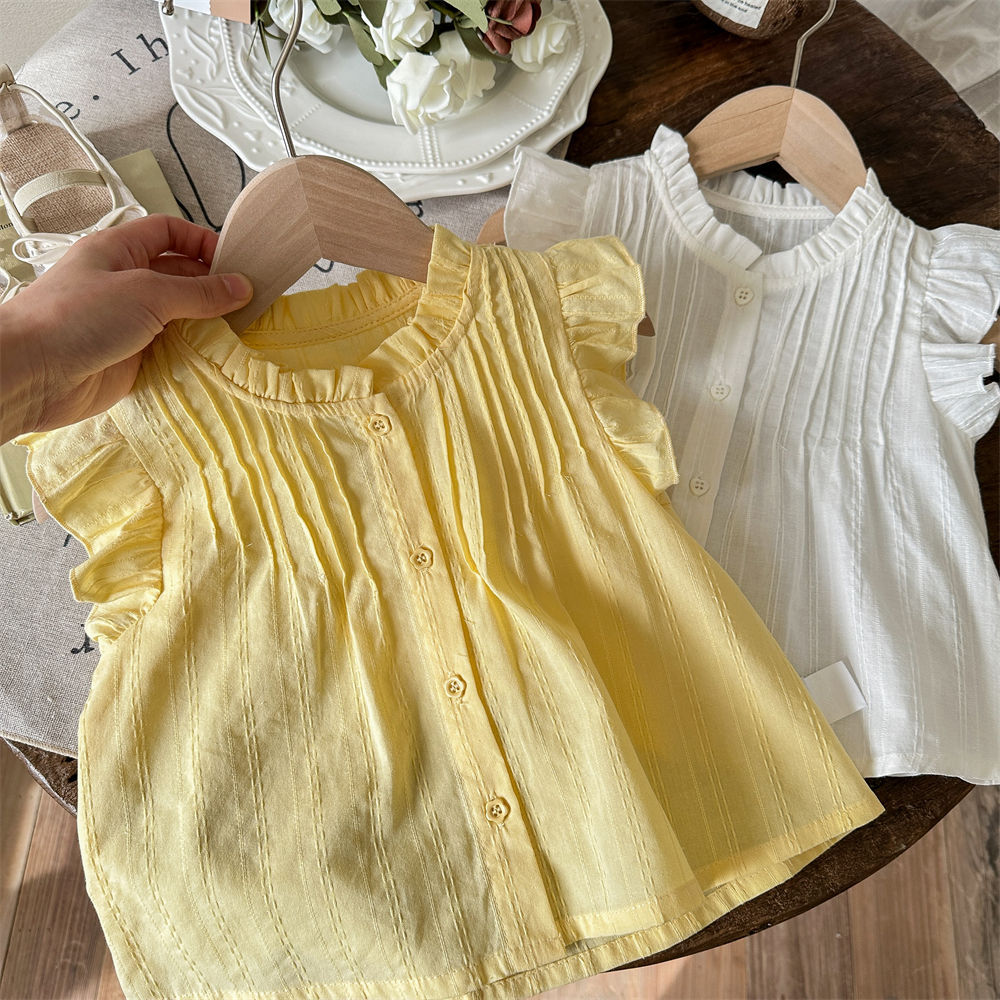 Children's Star Round Ropa para niños Camisa para niñas Camisa plisada para niñas de verano Cárdigan Camisa de manga de encaje coreano para niños