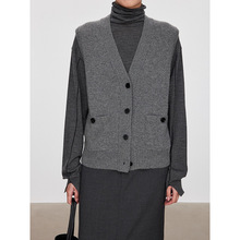 JO*C秋冬新款专柜纯羊毛复古叠穿风佰搭经典廓形V领针织马甲开衫