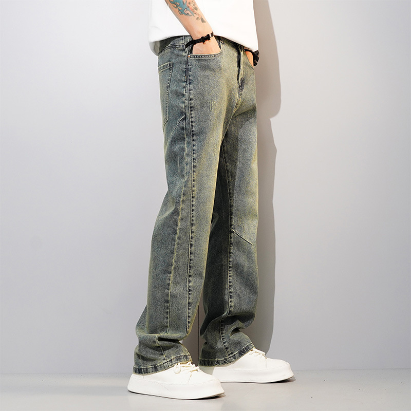 Washed Old Explosive Jeans Men's American Style Retro High Street Loose Stretch Straight Pants