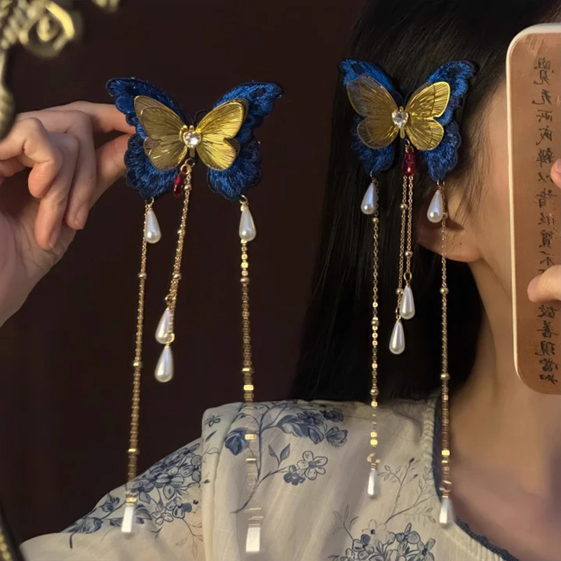 「蝶逐清欢」轻奢高级古风刺绣蝴蝶流苏发夹女侧边夹汉服旗袍发饰|undefined