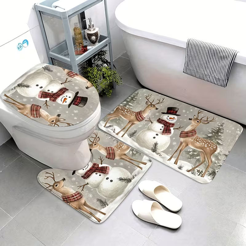 Cross-border diatomite toilet seat cover and floor mat 3-piece set, water-absorbent, dirt-resistant, non-slip floor mat, Christmas holiday floor mat