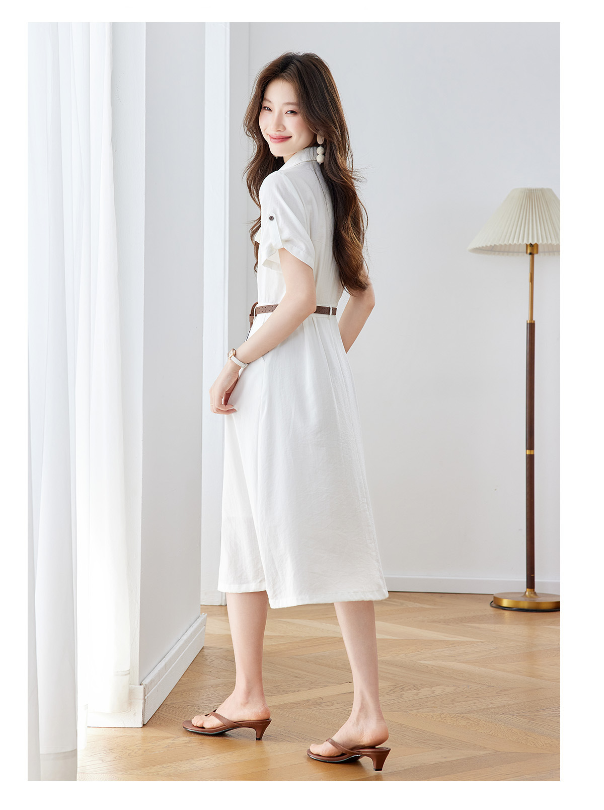 Đầm maxi nữ cổ bẻ thắt eo dáng suông kèm dây lưng — Xanh lông mòng đen, màu trắng chi tiết 25