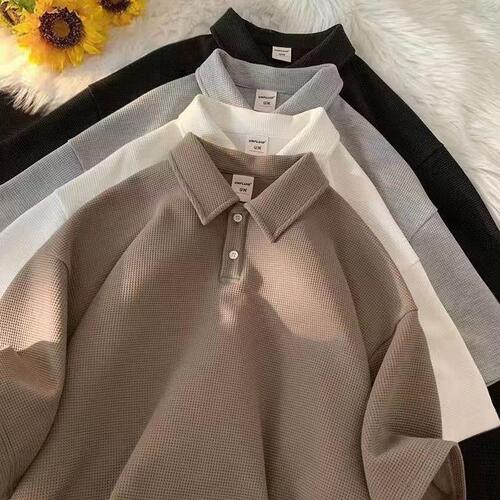 Men's Short Sleeve Summer Loose Casual Checkered Polo Shirt, Ins Hong Kong Style Trendy Versatile Collared Top