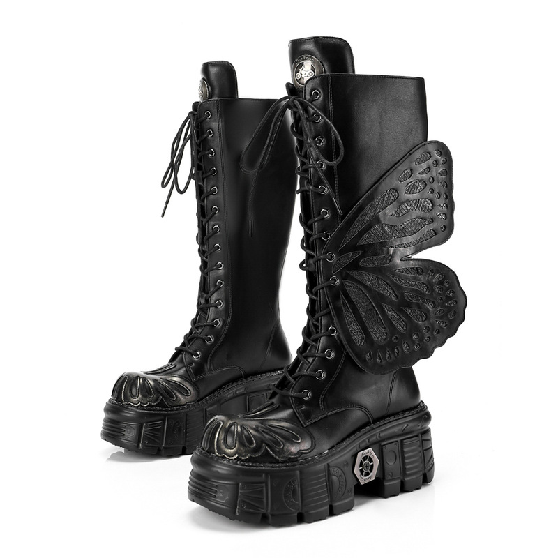 Silver European and American Dark Motorcycle Boots Heavy Metal Thick-Soled Punk Style Knee-High Boots Butterfly Wings Cut Out