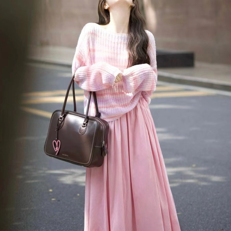 粉色条纹连衣裙子套装女2025新款春秋季韩系氛围感穿搭高级感长裙|undefined