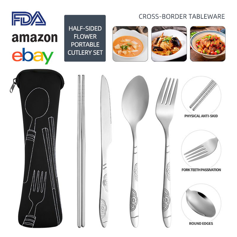 Half-Flower Stainless Steel Knife, Fork, Spoon and Chopsticks Set Outdoor Camping Cloth Bag Portable Tableware Student Knife, Fork and Spoon Set