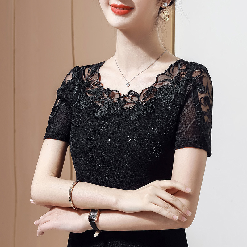 夏の新作レースシャツ、ダイヤモンド刺繍半袖レディーストップス、Tシャツ、ガーゼシャツ|undefined