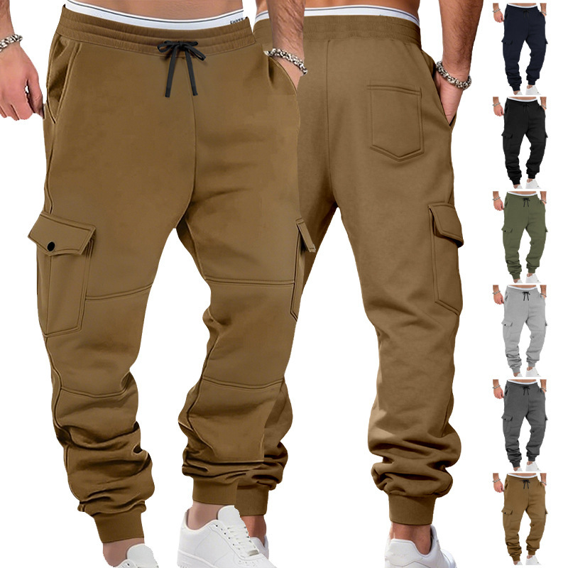 Cross-Border European and American Amazon Autumn and Winter Fleece Men's Cargo Pants with Multiple Pockets and Drawstring Sports Casual Joggers