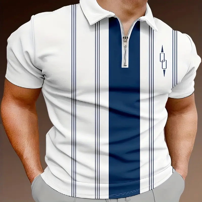 Camisa POLO con cremallera, deportes y ocio de verano para hombres, rayas azules y blancas, impresión digital 3D