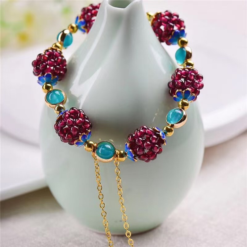 Ethnic Style Natural Garnet Flower Ball Bracelet Earrings Sweater Chain with Amazonite Cloisonné Bracelet Earrings Ethnic Style Natural Garnet Flower Ball Bracelet Earrings Sweater Chain with Amazonite Cloisonné Bracelet Earrings