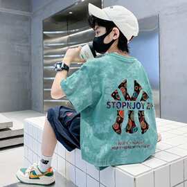 儿童短袖T恤夏季新款宝宝男童短袖潮T男孩扎染圆领印花上衣设计感