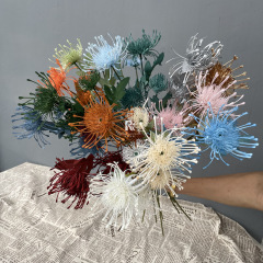 仿真3頭針墊花 帝王花假花金色蟹爪菊婚慶裝飾花藝婚禮插花道具