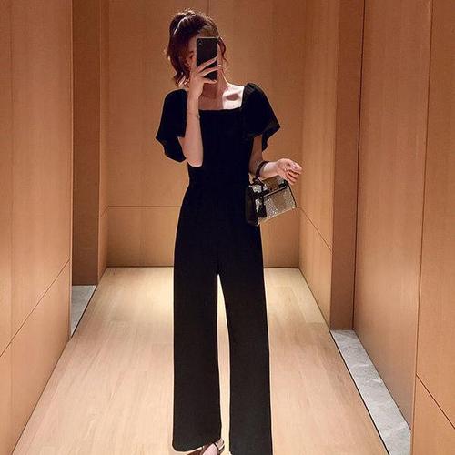 Women's Summer Thin Short Pants, Black Short Sleeve Stylish and Fashionable High-Waisted Slimming Square Collar Wide Leg Pants