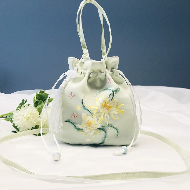 Handheld Hanfu Drawstring Bag, Embroidered Tassels, 22×22 cm, Handmade Accessory