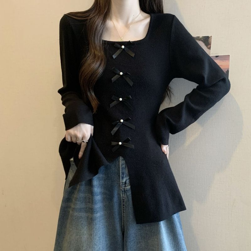 大码方领蝴蝶结开叉长袖T恤女春秋2025新款胖mm宽松显瘦小众上衣|undefined