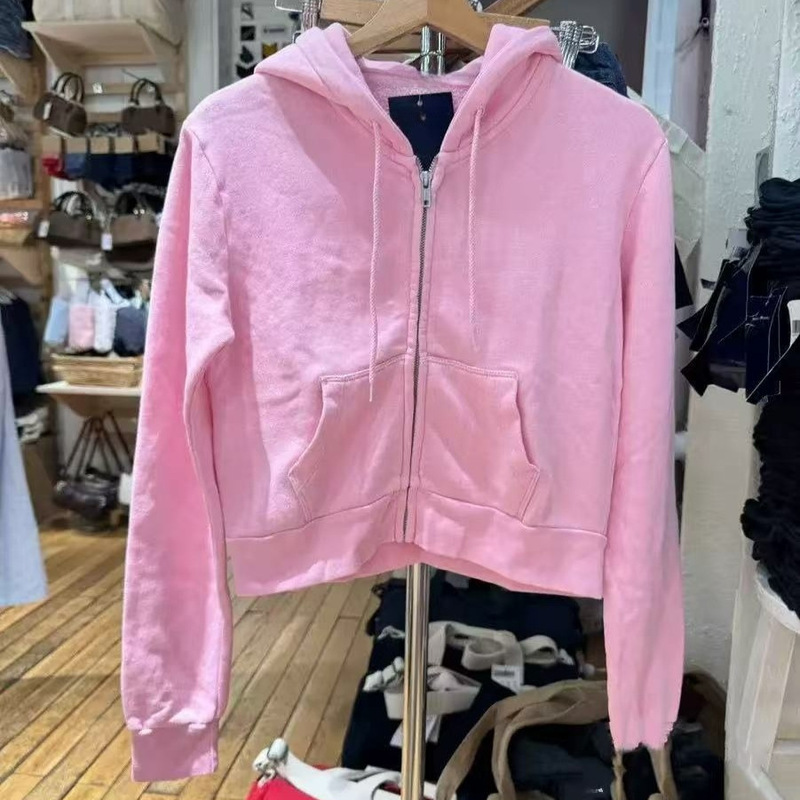 Bm Style Pink Hooded Long-Sleeved Sweatshirt Jacket for Women Autum High-Waist Zipper Drawstring Jacket Thin Cardigan Short Top