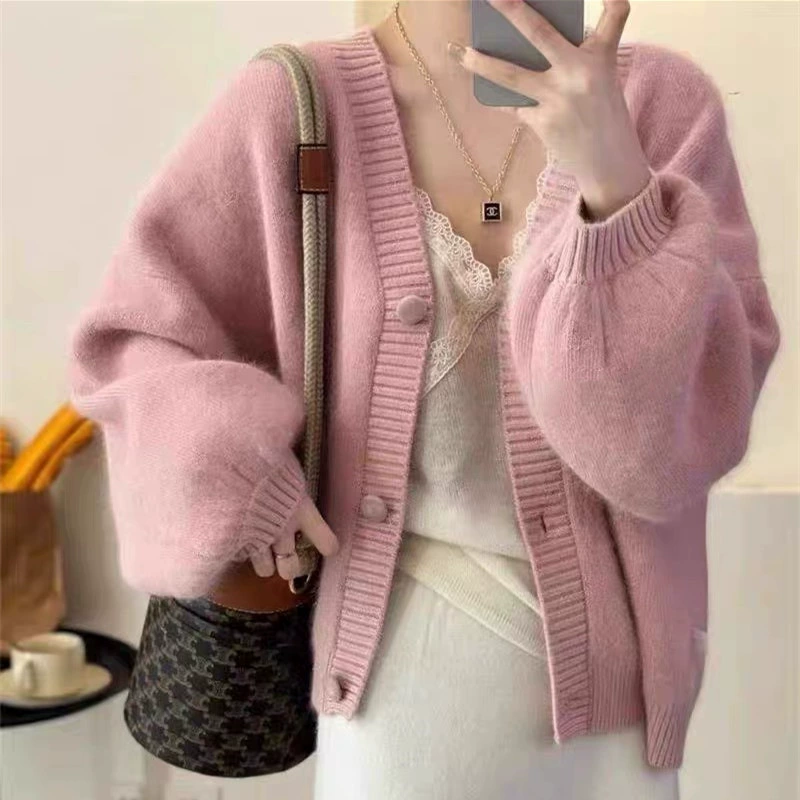 Трикотажный кардиган свитер корейская мягкая клейкая хлопковая кашемировая весна и осень 2025 новый V-образный вырез минус возраст сплошной цвет универсальный женский топ