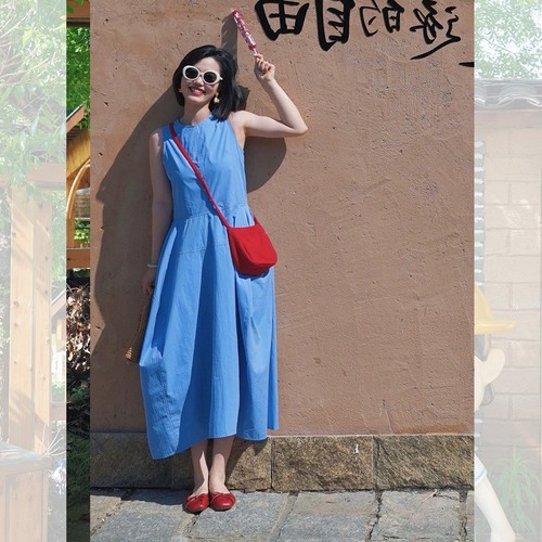 French-style blue dress for women, summer 2025 new arrival, pear-shaped figure slimming, sleeveless backless long dress