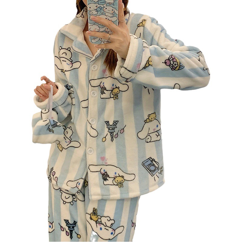 Rayas yugui perro pijamas de franela las mujeres japonés otoño y el invierno cardigan manga larga con máscara ojos dibujos animados homewear caliente conjunto