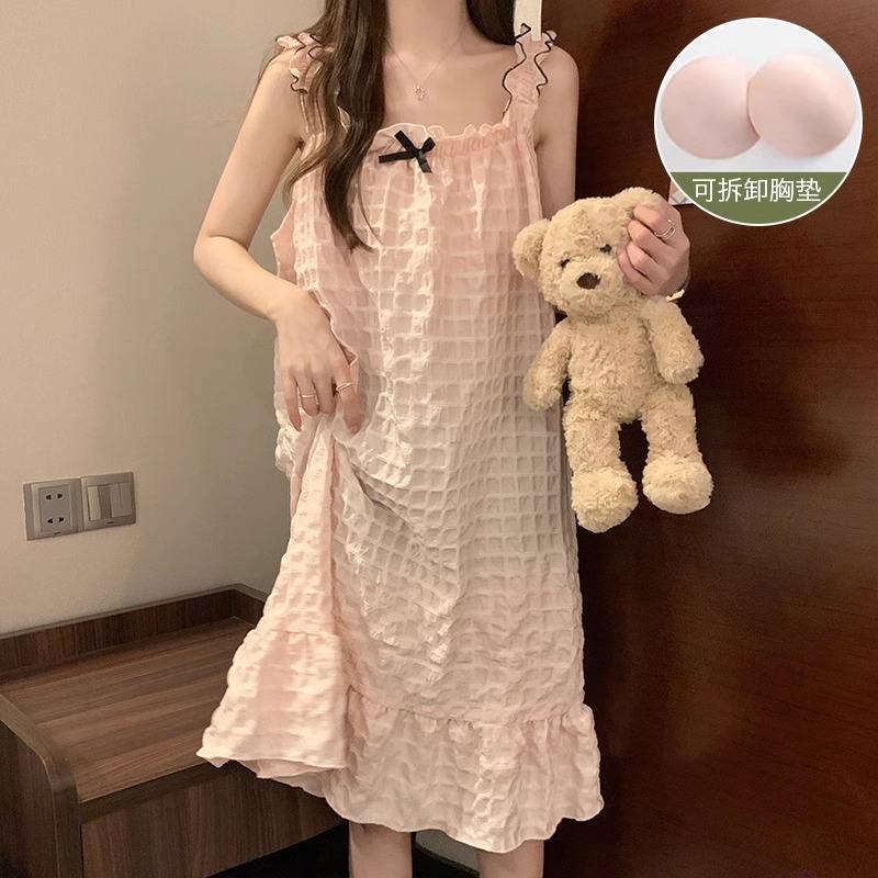 YZQ_Q403#서스펜더 스커트, 버블 체크무늬 - 핑크 (가슴 패드 포함)