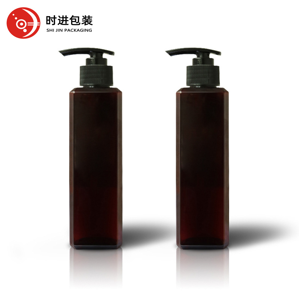 批发 280ml按压式细长四方瓶 pet塑料瓶 茶色洗发水瓶 压泵乳液瓶