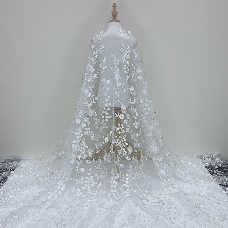 Tela de encaje blanco bordado, para vestido de novia o noche, DIY