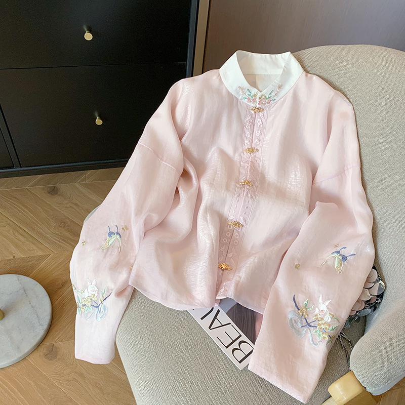 New Chinese Style Pink Embroidered Collar Long Sleeve Shirt Women's 2024 Spring Guofeng Gentle Sweet Elegant Lightweight Top