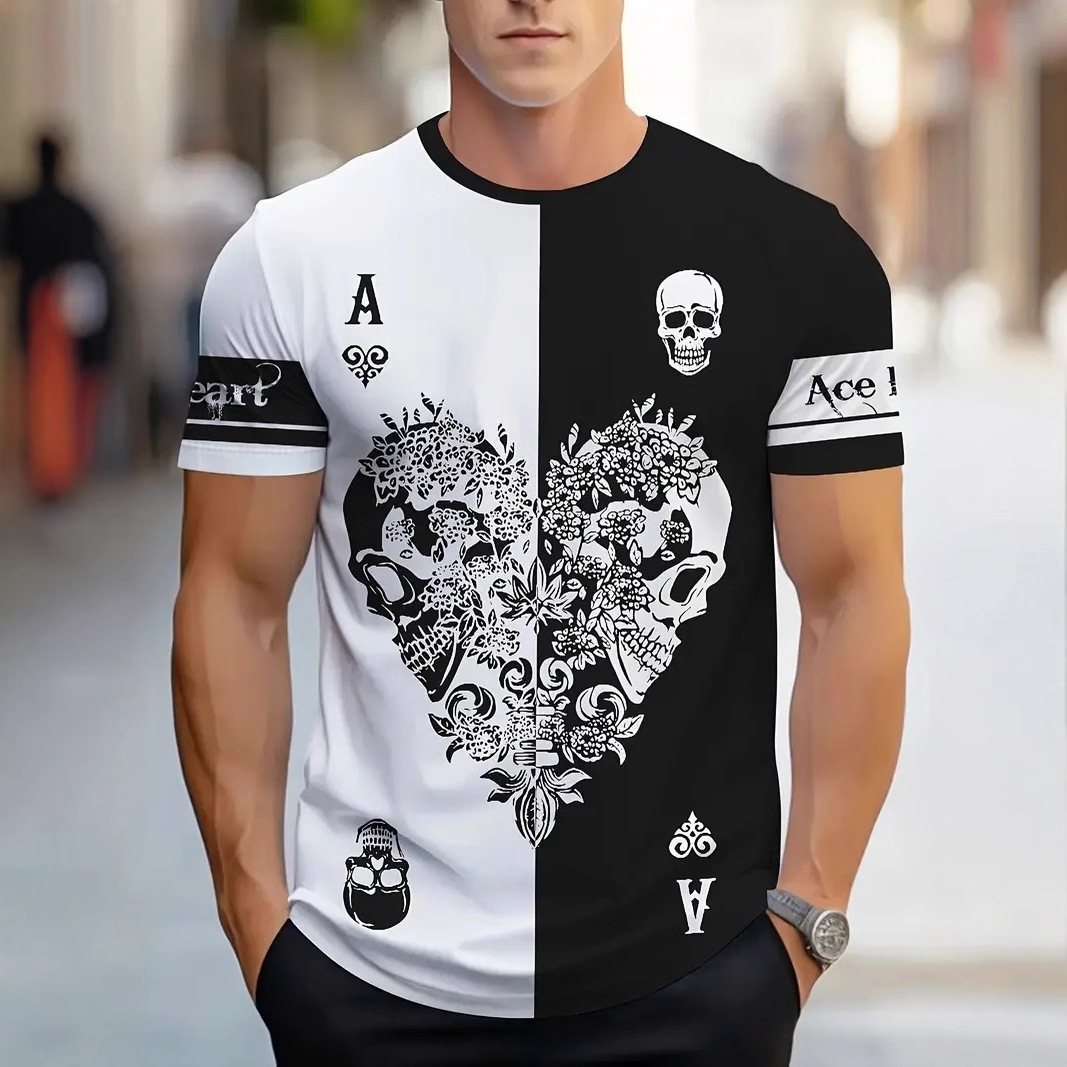 Retro color de contraste en forma de corazón esqueleto 3D impresión digital para hombre verano suelto y transpirable manga corta camiseta de cuello redondo