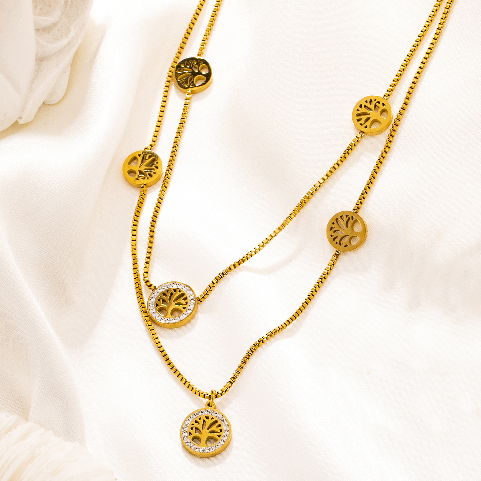 Ethnic Style Tree Stainless Steel Titanium Steel Plating Hollow Out Inlay Zircon Layered Necklaces 1