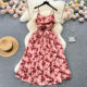 French Style Tea Break Pleated Sling Dress Women's Summer New Vintage Flower Printed Slim-fit Elegant Long Dress