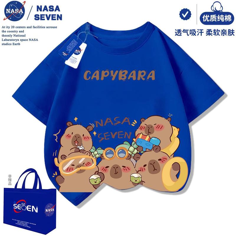 NASA卡皮巴拉纯棉T恤儿童洋气2025夏季新款水豚君短袖男女童上衣|undefined